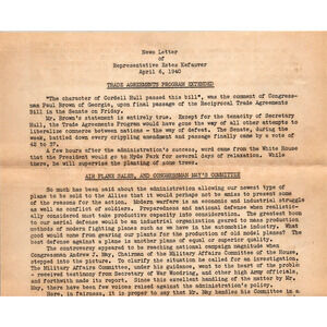 April 1940 News Letter Rep Estes Kefauver Report Food Stamp Plan Air Plane Sales
